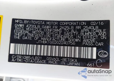 2016 Lexus Es 350 from USA, damaged, VIN JTHBK1GG2G2240756